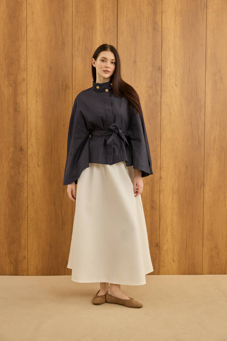 Gold Düğmeli Denim Panço Lacivert - 5