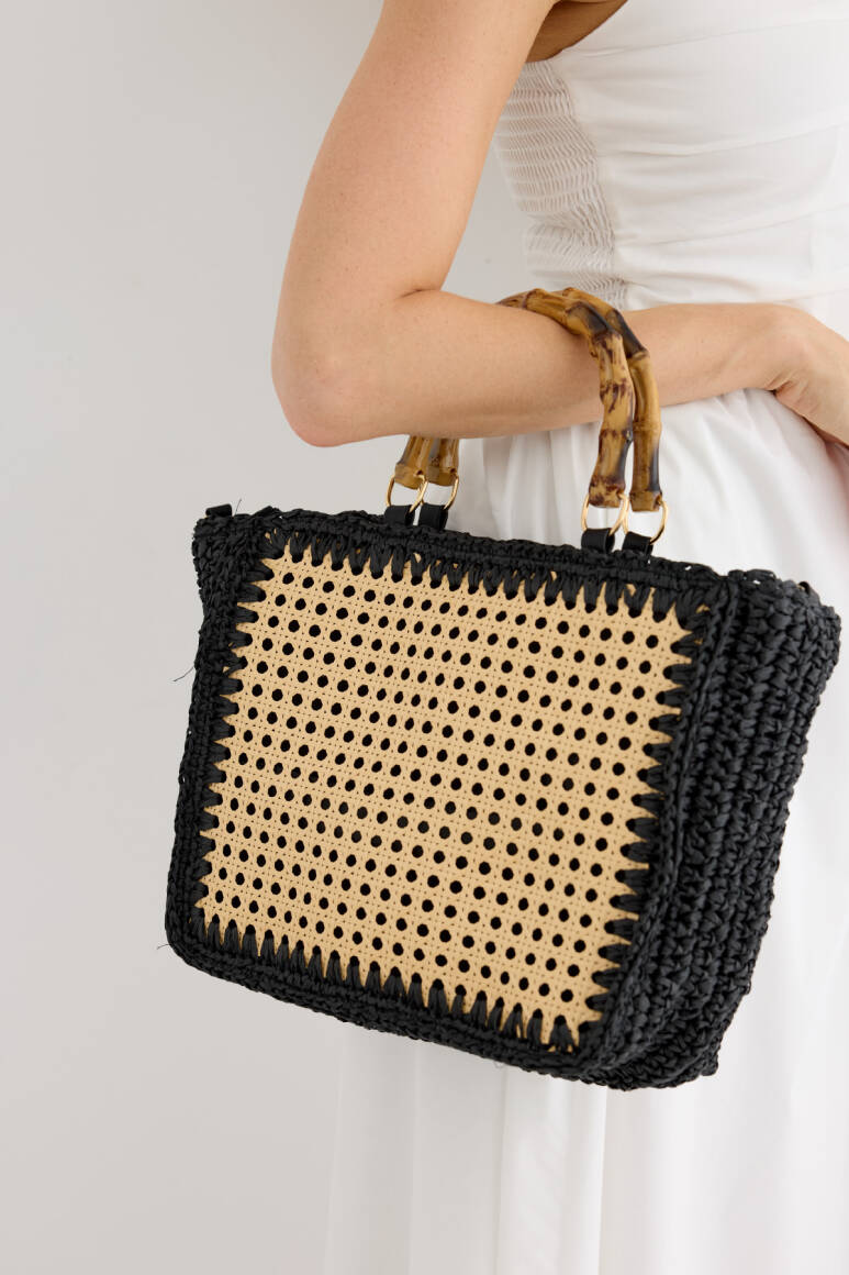 Hazeranlı Hasır Çanta Siyah - EMNORA
