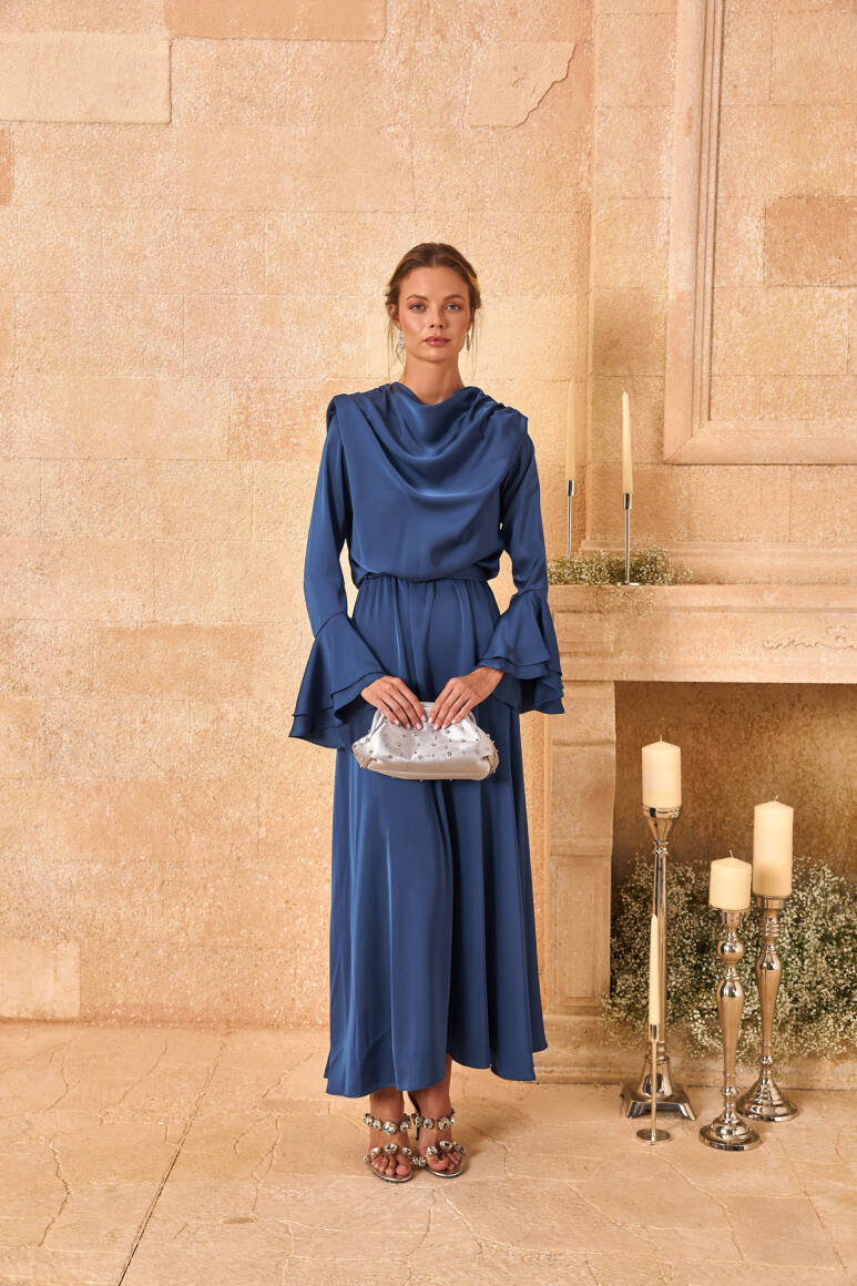 Helen Volanlı Saten Abiye Elbise Gece Mavisi - EMNORA