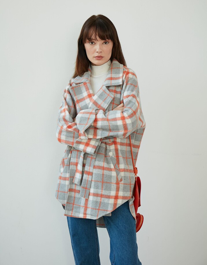 İçten Kuşaklı Ekose Kaşe Kap Turuncu - EMNORA