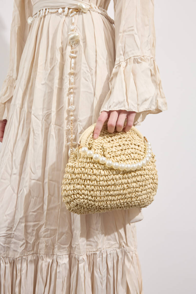 İncili Hasır Çanta Bej - EMNORA