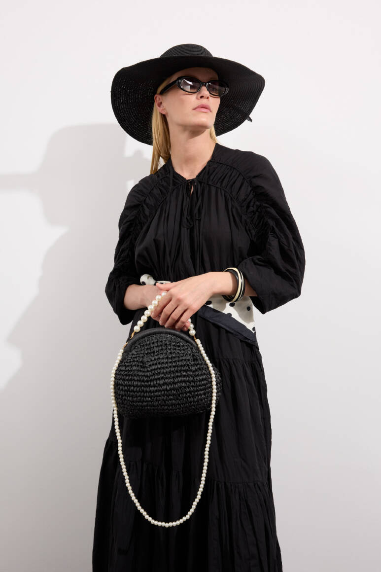 İncili Hasır Çanta Siyah - EMNORA