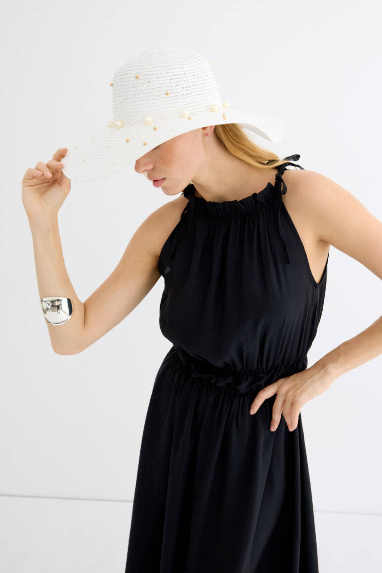 İncili Hasır Şapka Beyaz - EMNORA