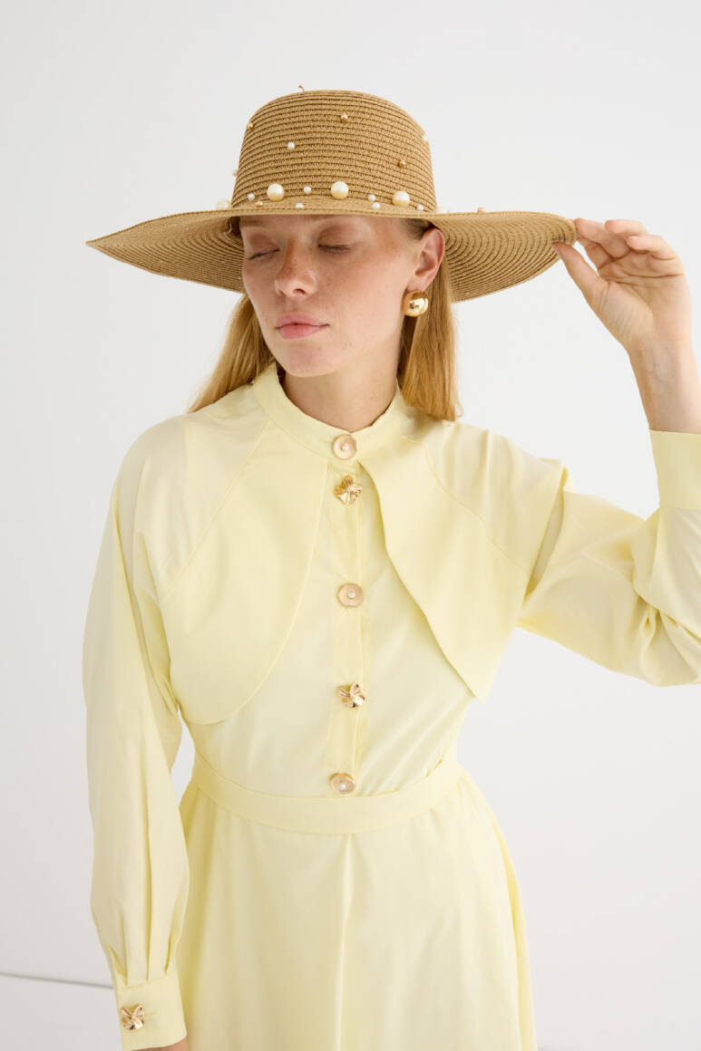 İncili Hasır Şapka Camel - EMNORA