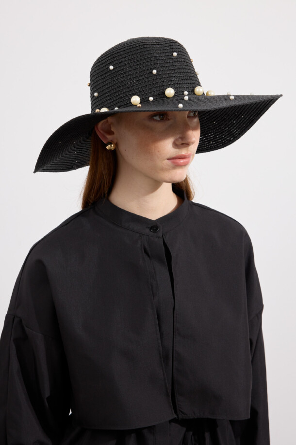 İncili Hasır Şapka Siyah - EMNORA