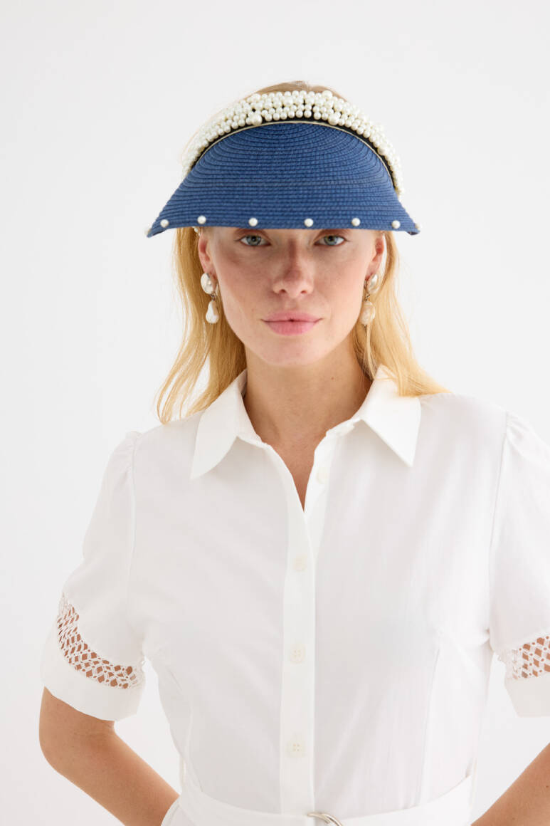 İncili Vizör Hasır Şapka Lacivert - EMNORA