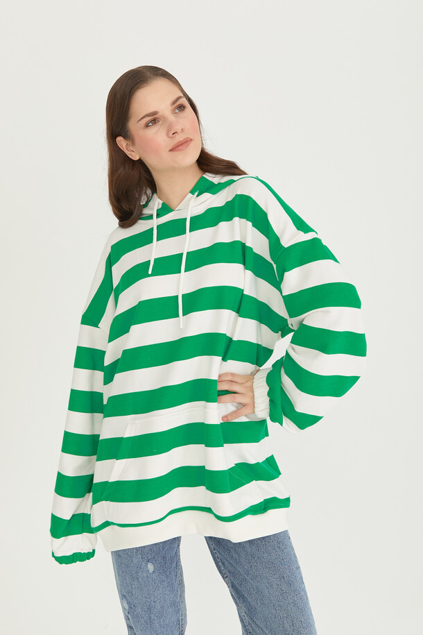 Kapüşonlu Çizgili Sweatshirt Yeşil - EMNORA