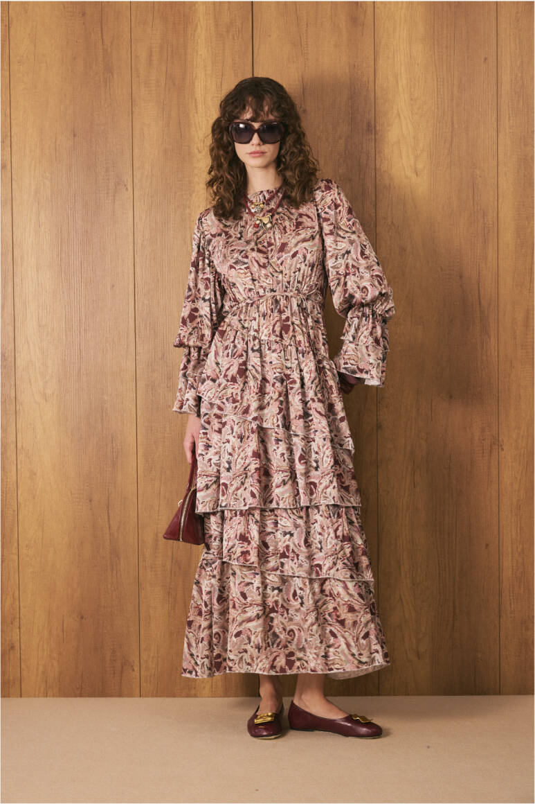 Katlı Bohem Elbise Burgonya - EMNORA