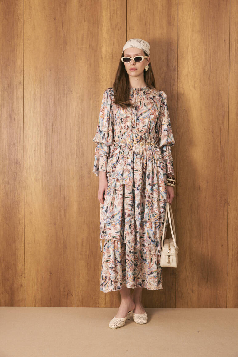 Katlı Bohem Elbise Vanilya - EMNORA