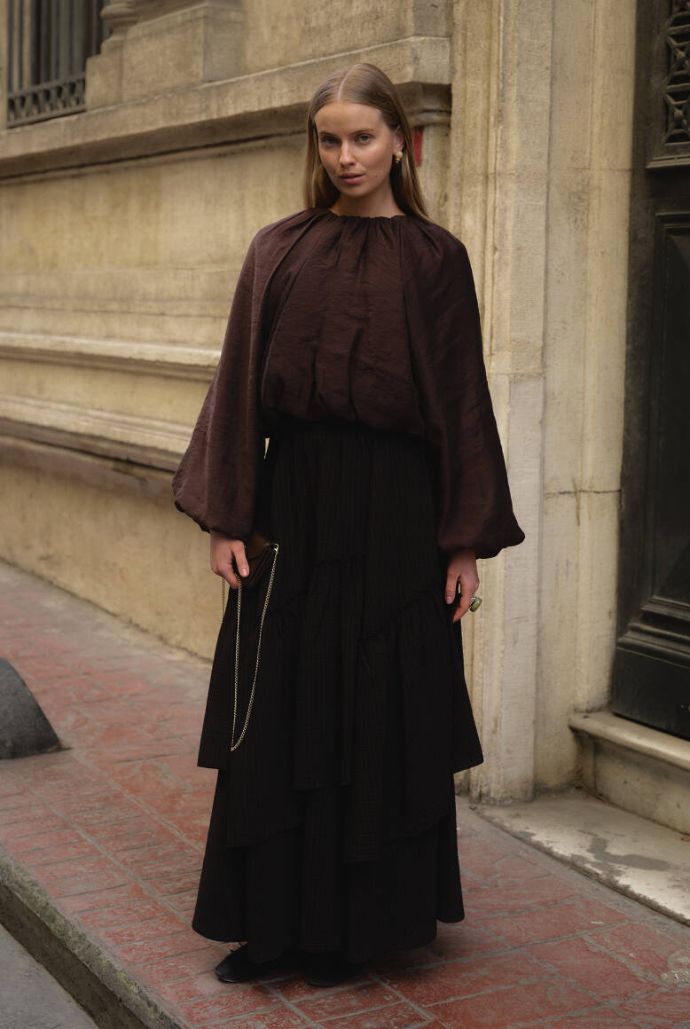 Katlı Ekose Etek Acı Kahve - 1