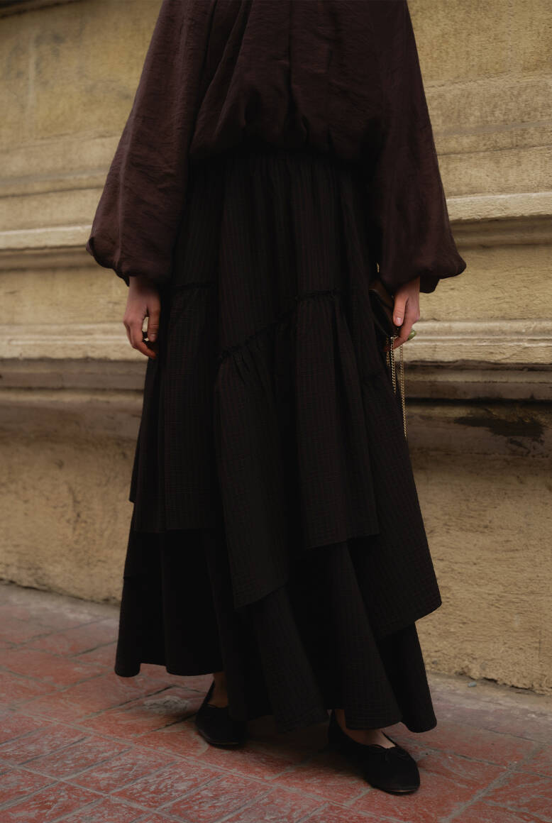 Katlı Ekose Etek Acı Kahve - 4