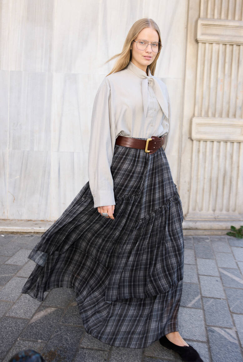 Katlı Şifon Etek Ekose - 1