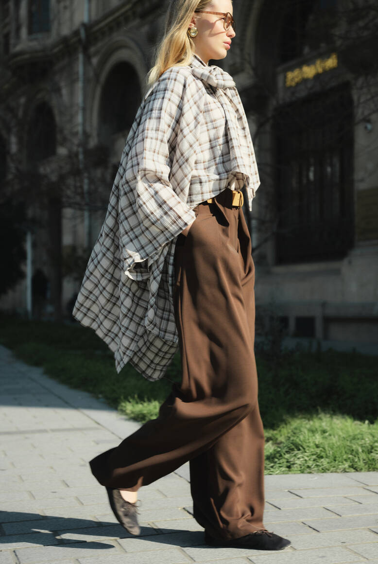 Kemer Detaylı Palazzo Pantolon Acı Kahve - 4