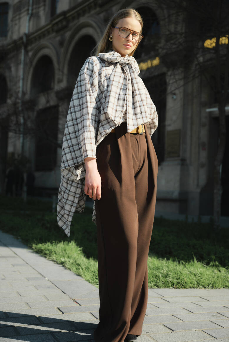 Kemer Detaylı Palazzo Pantolon Acı Kahve - 1