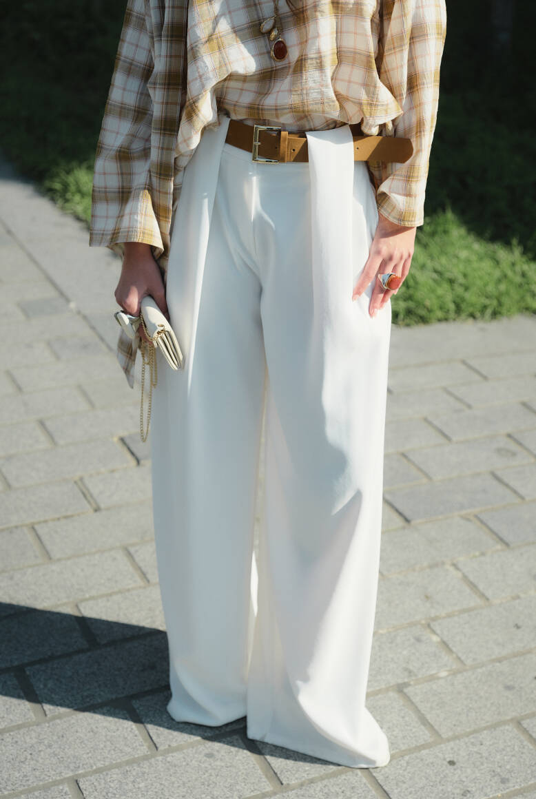 Kemer Detaylı Palazzo Pantolon Beyaz - 2