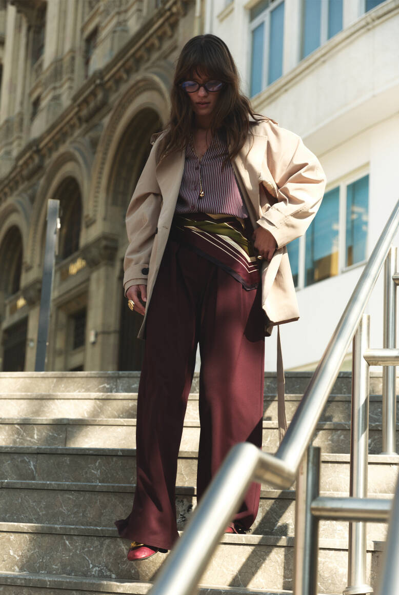 Kemer Detaylı Palazzo Pantolon Burgonya - 6