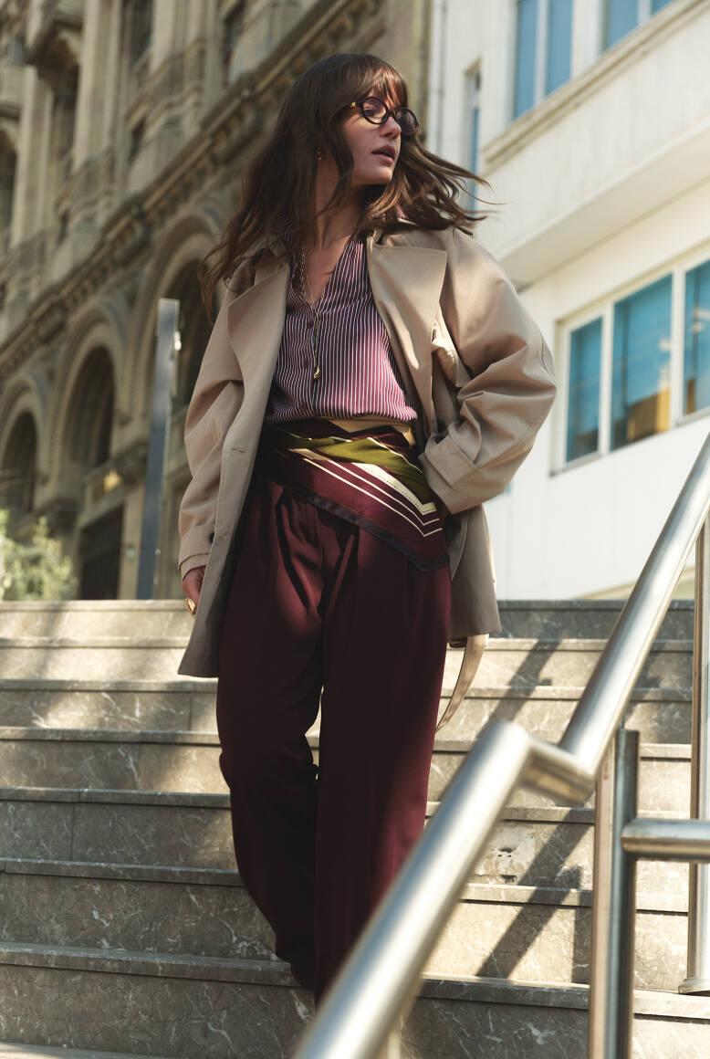 Kemer Detaylı Palazzo Pantolon Burgonya - 7