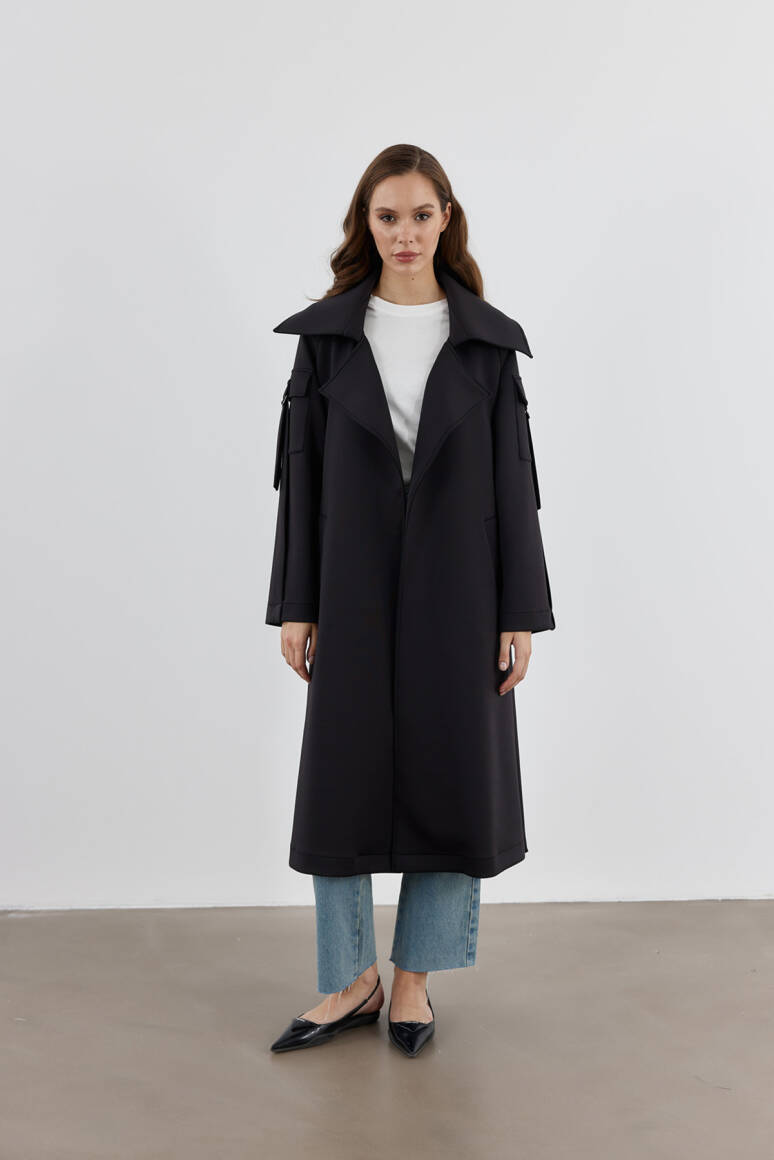 Kol Cepli Scuba Trençkot Siyah - EMNORA