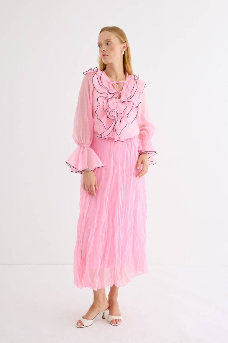 Kontrast Dikişli Fırfırlı Bluz Soft Pembe - 2
