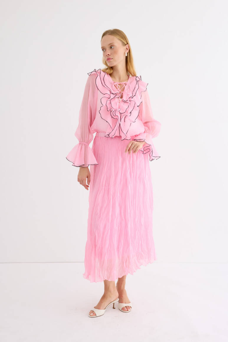 Kontrast Dikişli Fırfırlı Bluz Soft Pembe - 3