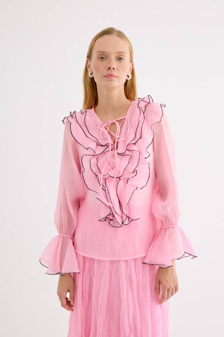 Kontrast Dikişli Fırfırlı Bluz Soft Pembe - EMNORA