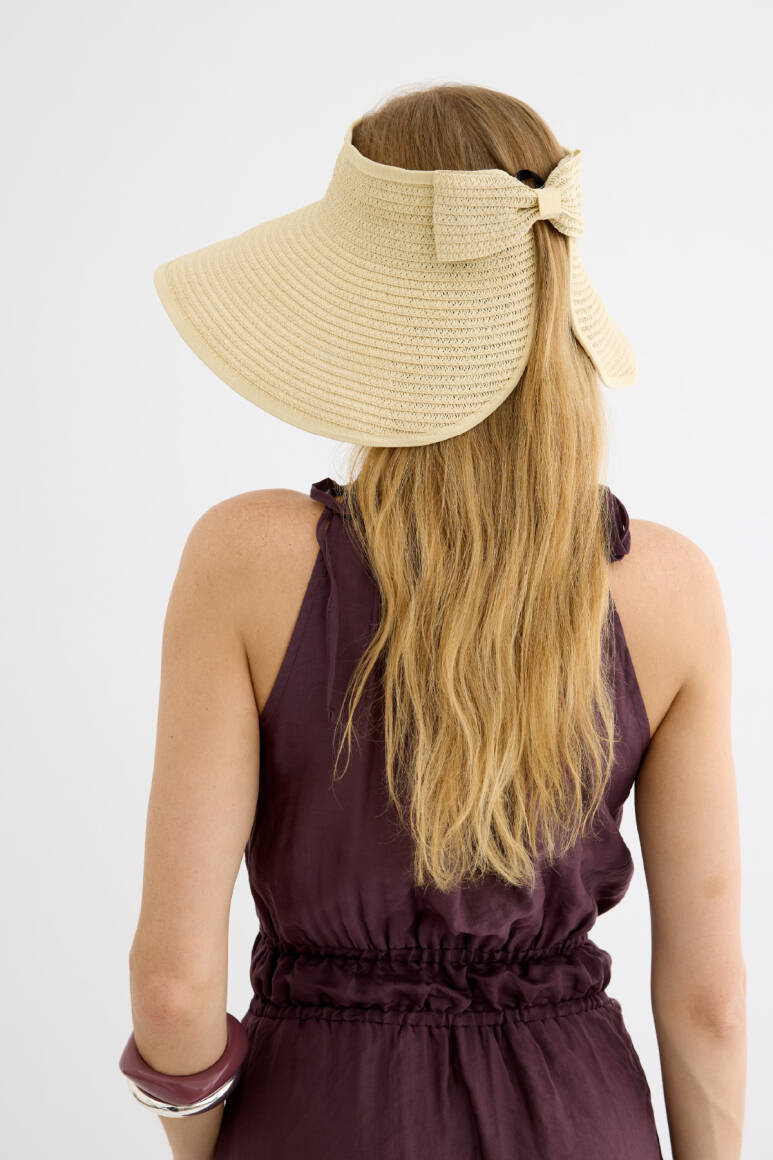 Kurdeleli Katlanabilir Hasır Vizör Şapka Bej - EMNORA