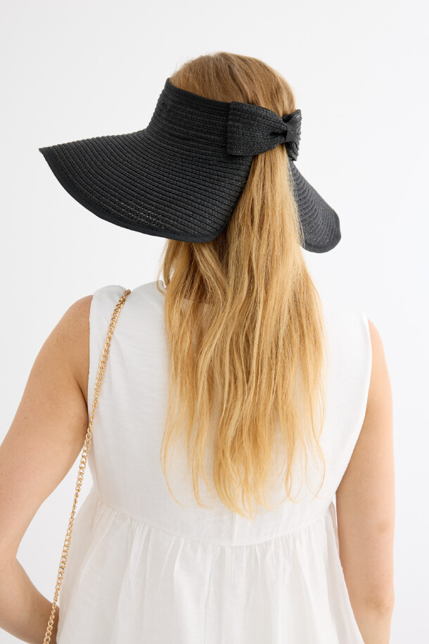 Kurdeleli Katlanabilir Hasır Vizör Şapka Siyah - EMNORA