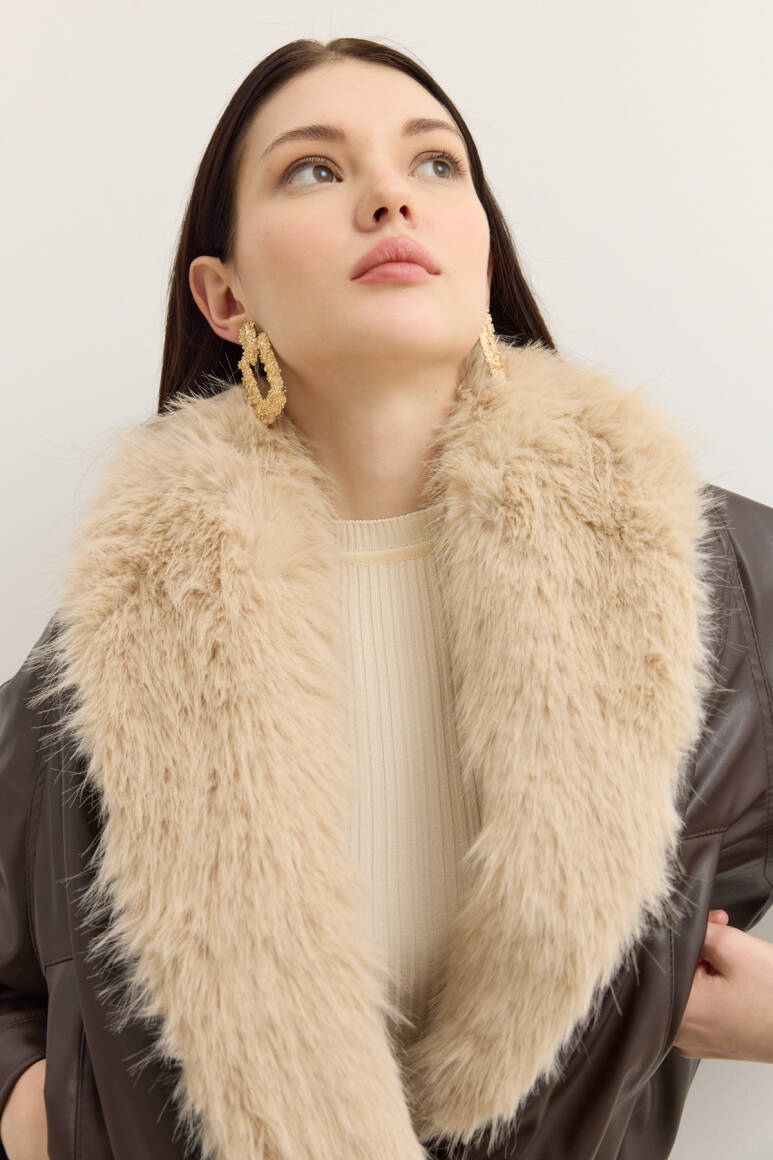 Kürk Yakalı Deri Bomber Mont Acı Kahve - 4