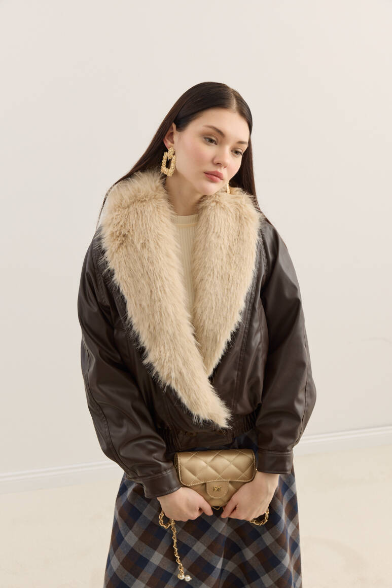 Kürk Yakalı Deri Bomber Mont Acı Kahve - 3