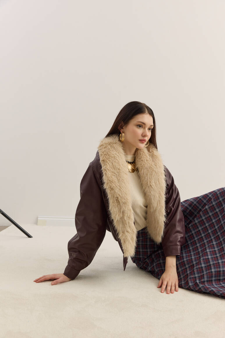 Kürk Yakalı Deri Bomber Mont Acı Kahve - 8