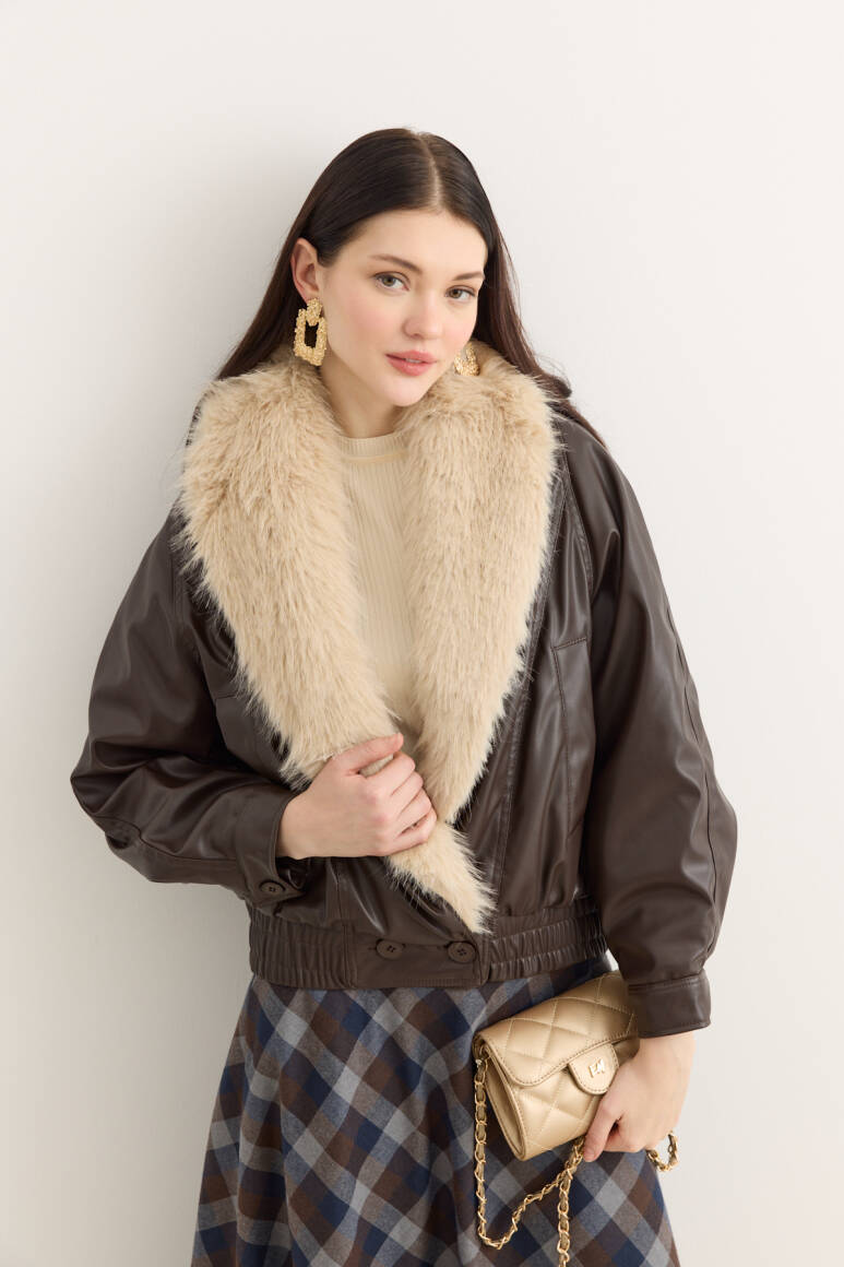 Kürk Yakalı Deri Bomber Mont Acı Kahve - 1