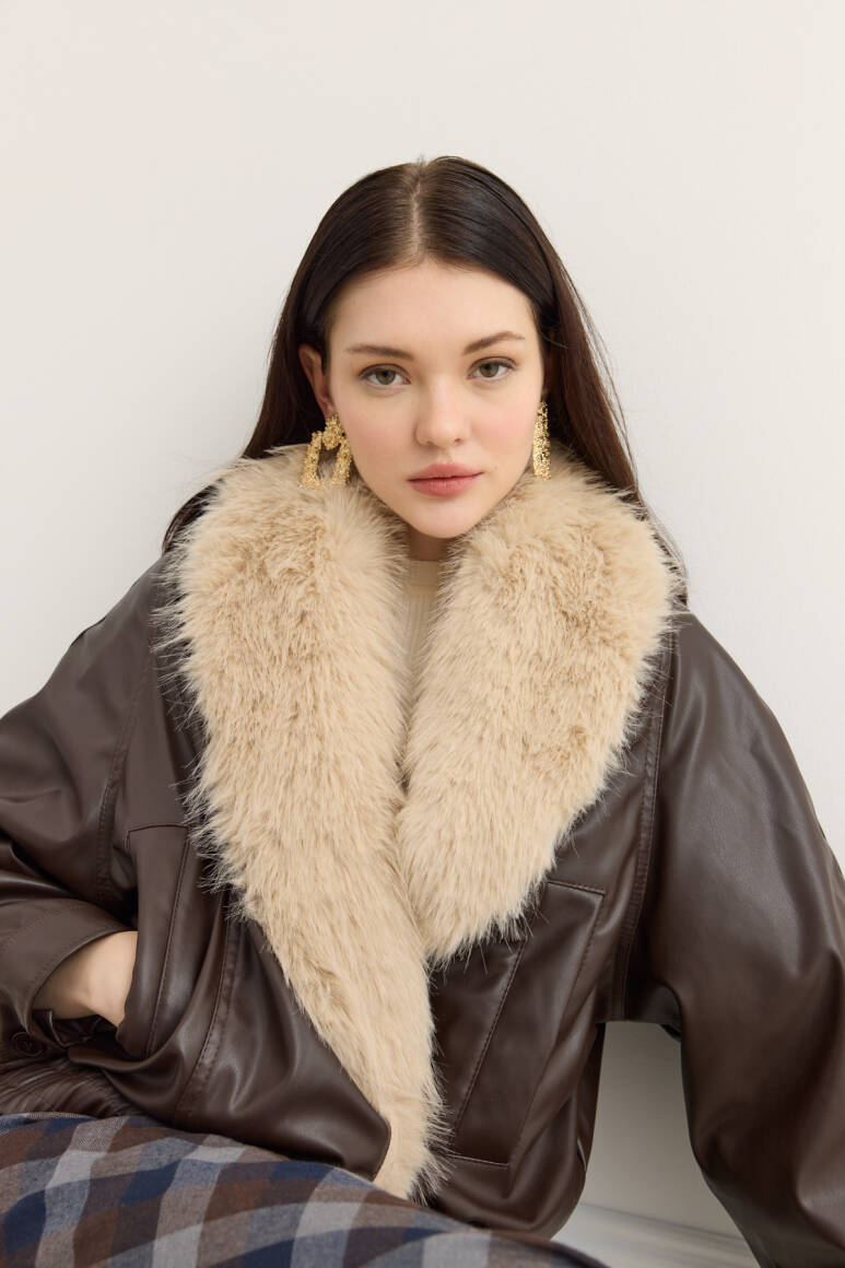 Kürk Yakalı Deri Bomber Mont Acı Kahve - 6