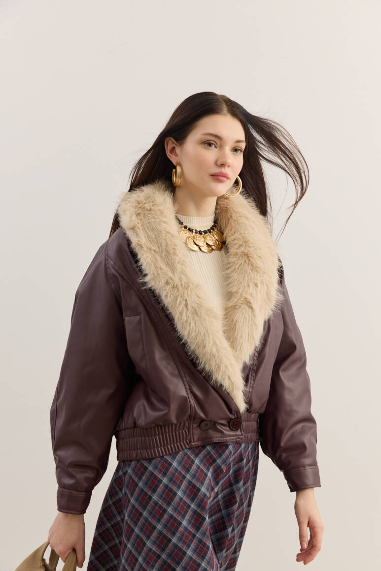 Kürk Yakalı Deri Bomber Mont Bordo - EMNORA