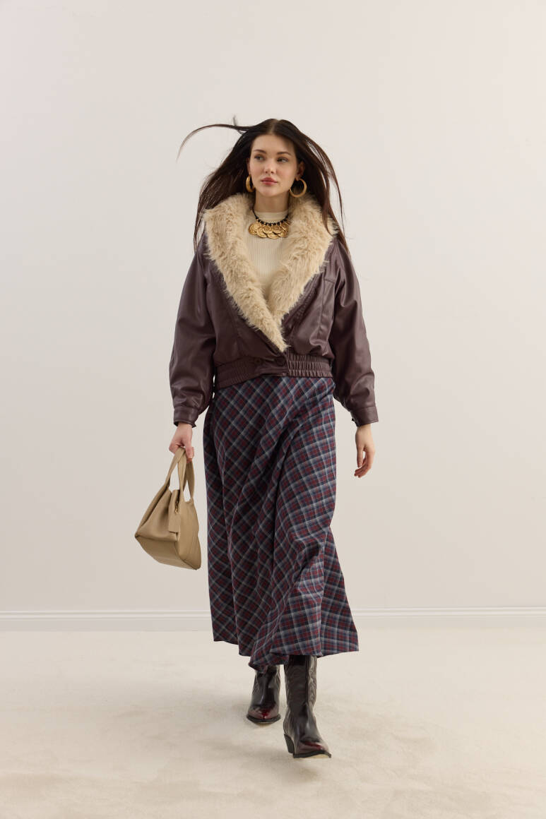 Kürk Yakalı Deri Bomber Mont Bordo - 2