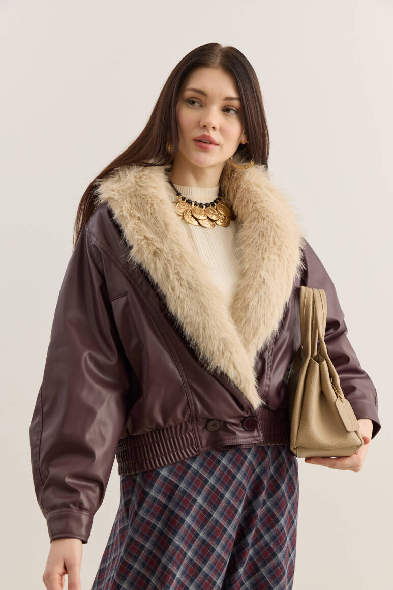 Kürk Yakalı Deri Bomber Mont Bordo - 3