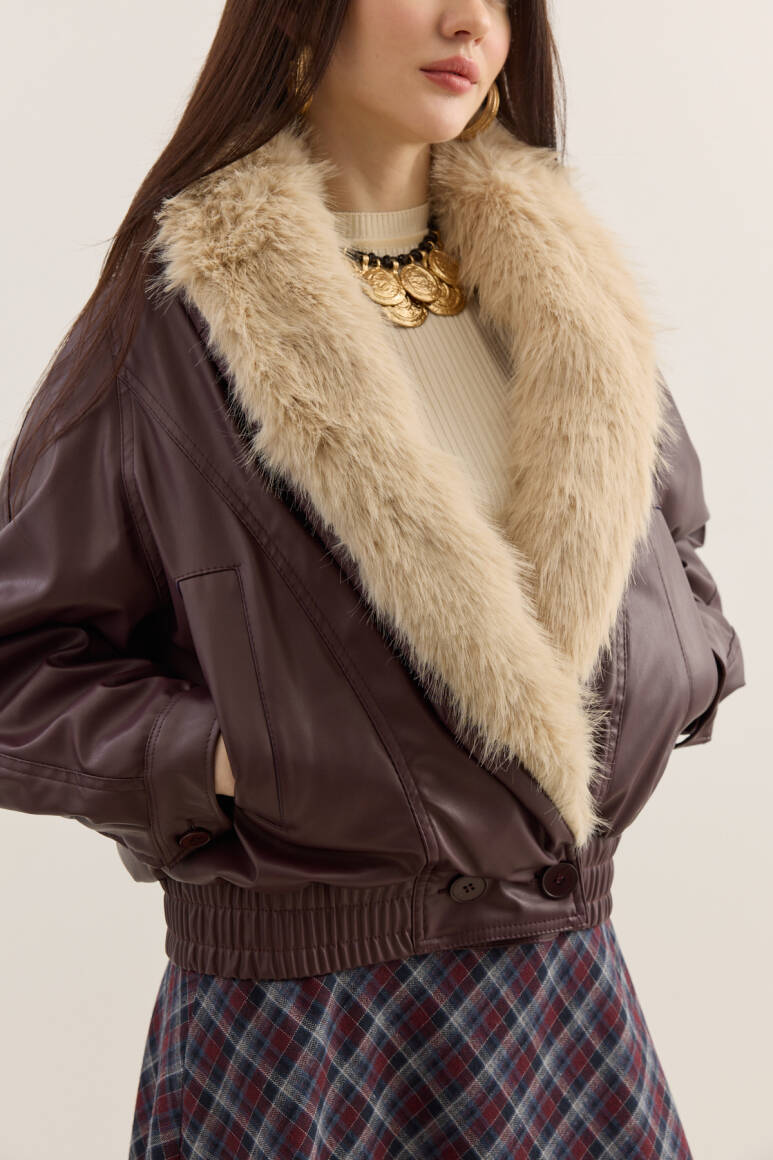 Kürk Yakalı Deri Bomber Mont Bordo - 5