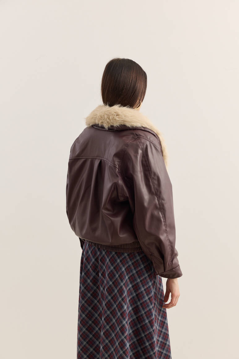 Kürk Yakalı Deri Bomber Mont Bordo - 6