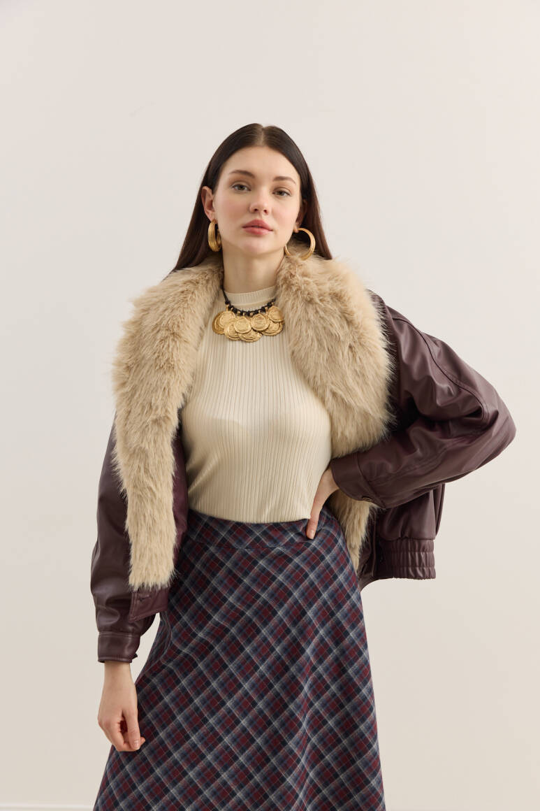 Kürk Yakalı Deri Bomber Mont Bordo - 7