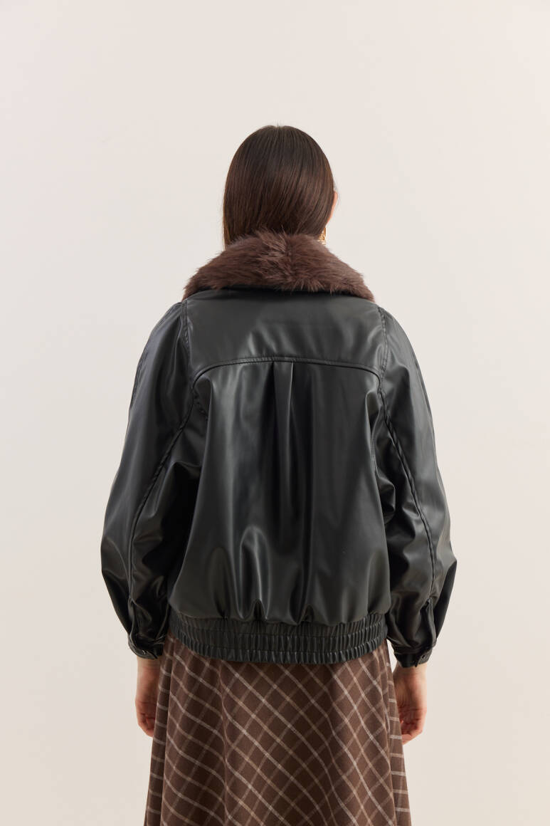 Kürk Yakalı Deri Bomber Mont SİYAH - 9