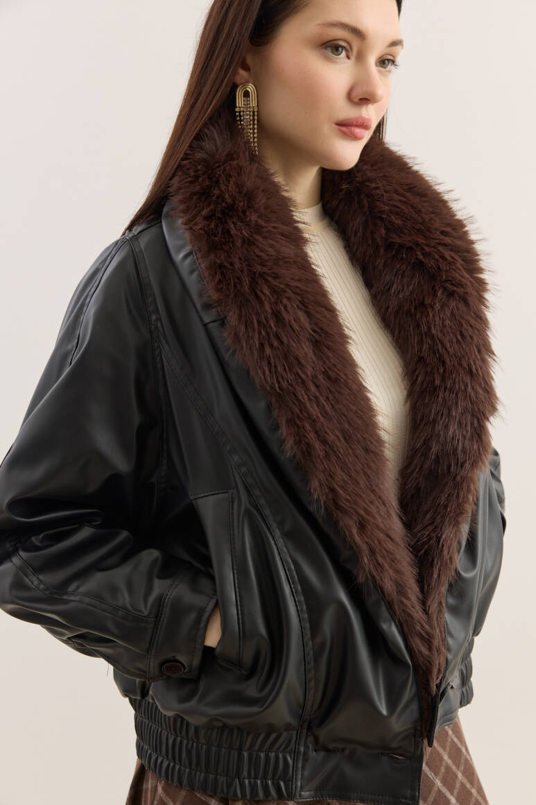 Kürk Yakalı Deri Bomber Mont SİYAH - 6