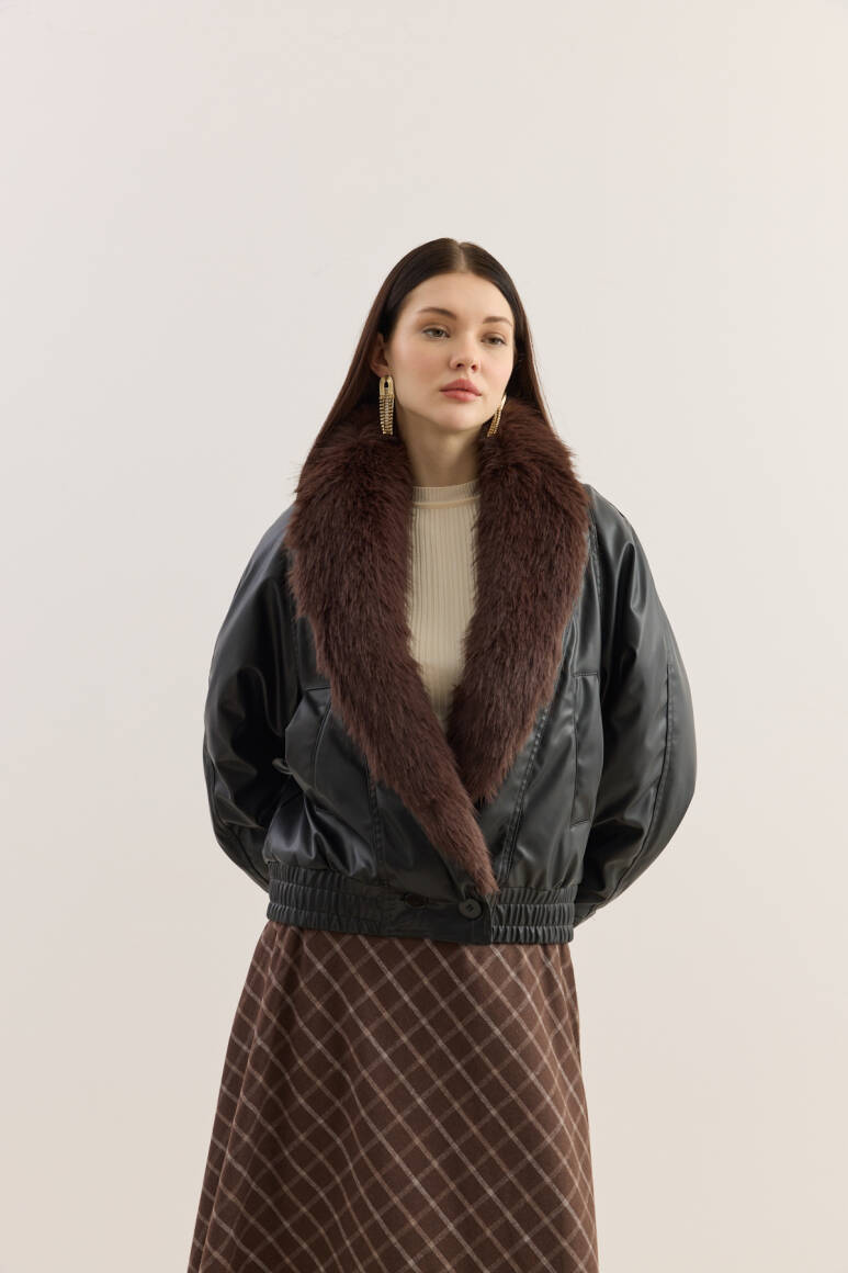 Kürk Yakalı Deri Bomber Mont SİYAH - 5