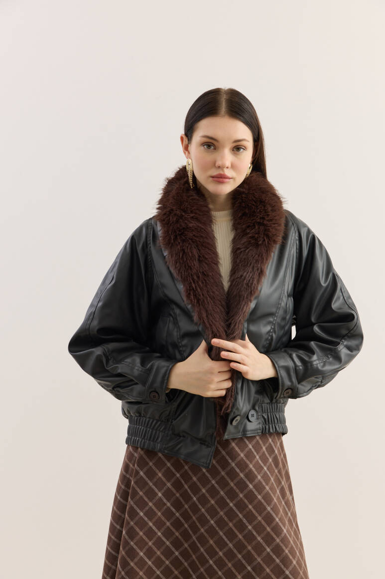 Kürk Yakalı Deri Bomber Mont SİYAH - 2