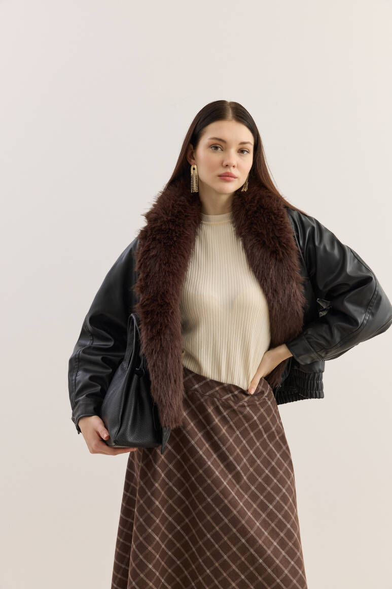 Kürk Yakalı Deri Bomber Mont SİYAH - 1