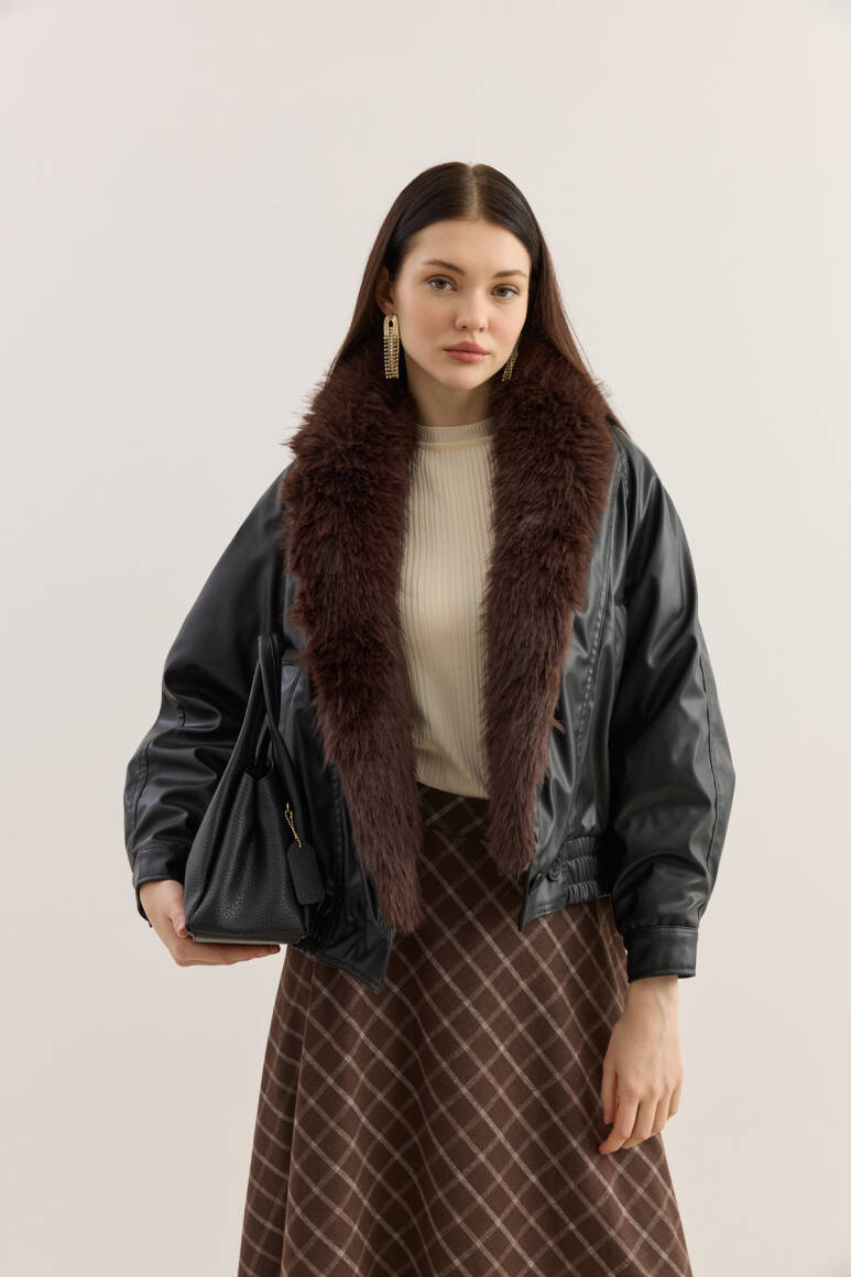 Kürk Yakalı Deri Bomber Mont SİYAH - 8