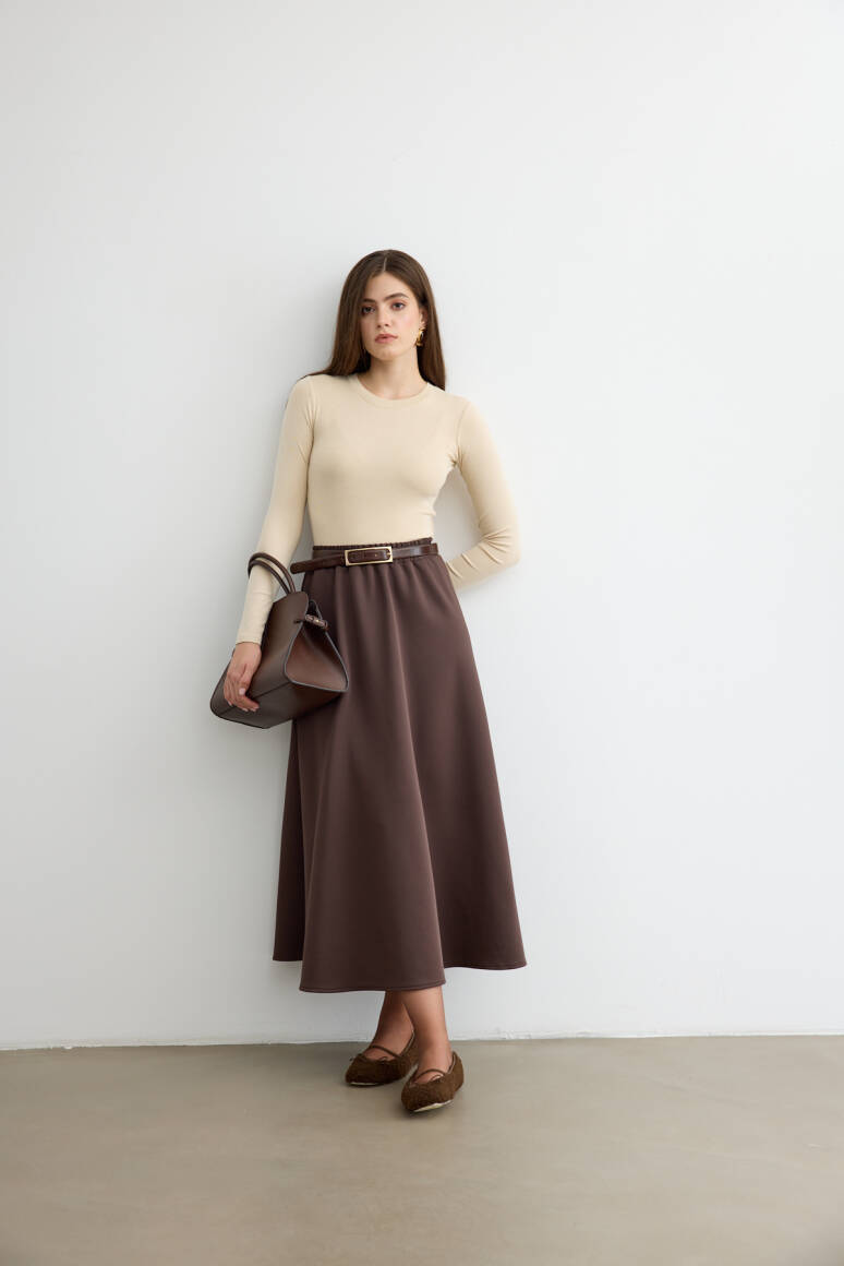 Mery Scuba Kloş Etek Acı Kahve - EMNORA