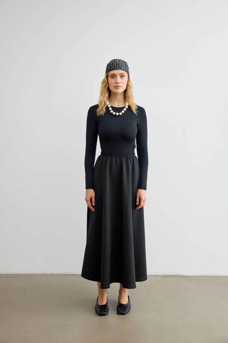 Mery Scuba Kloş Etek Siyah - EMNORA