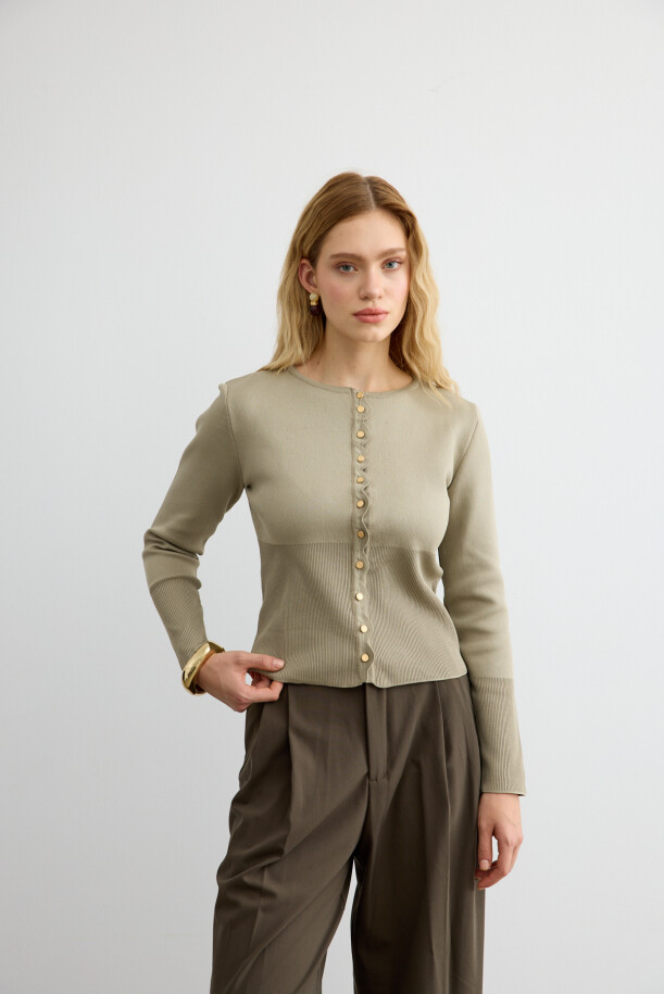Mini Gold Düğmeli Triko Hırka Çağla Yeşili - EMNORA