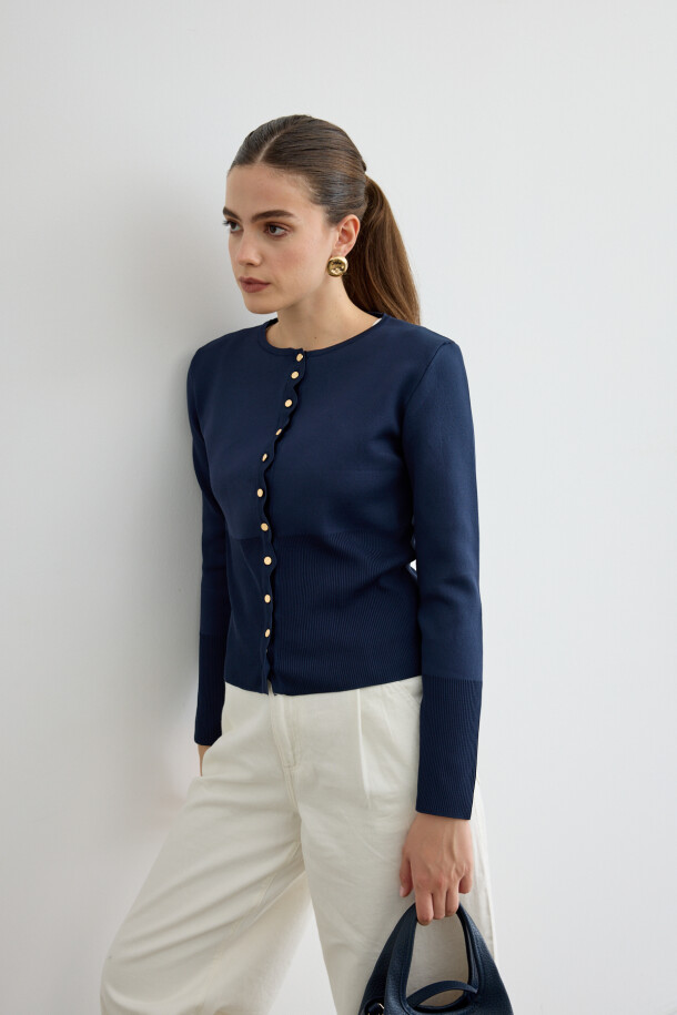 Mini Gold Düğmeli Triko Hırka Lacivert - EMNORA