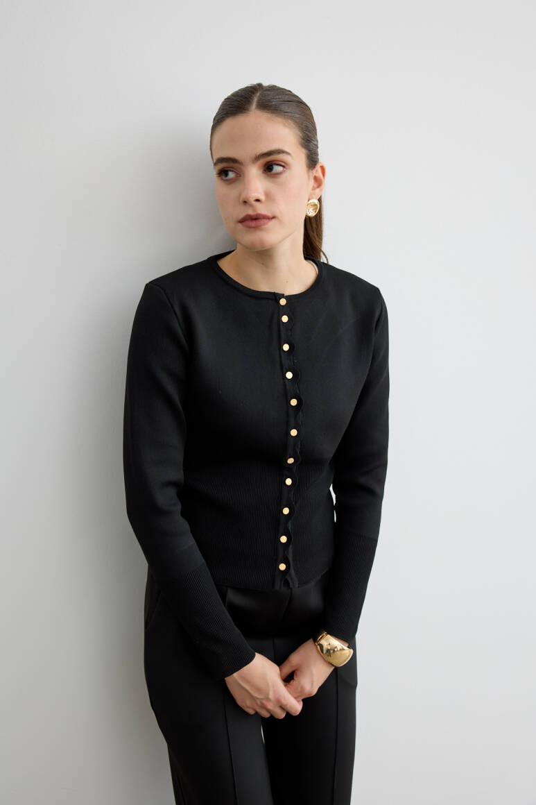 Mini Gold Düğmeli Triko Hırka Siyah - EMNORA