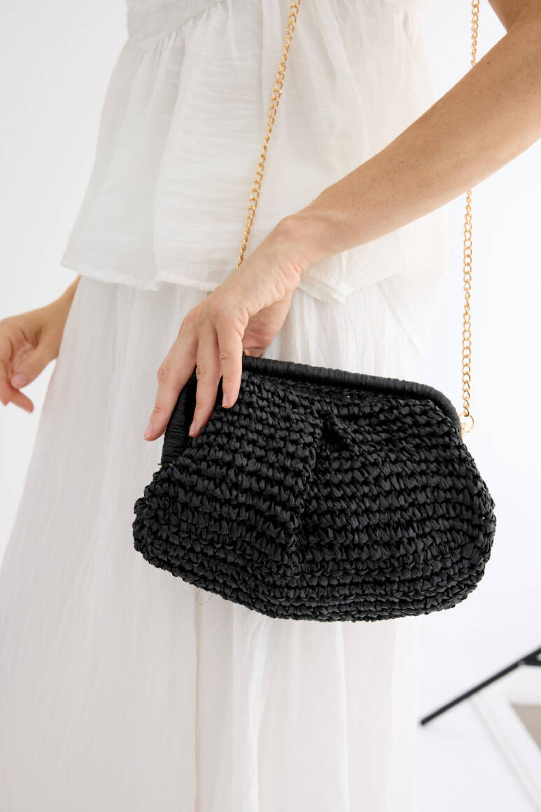 Mira Örgü Hasır Çanta Siyah - EMNORA